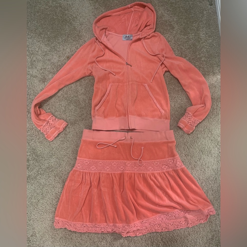 Juicy Couture Terry cloth jacket and skirt. Pink/coral color. Jacket-XL; skirt-L